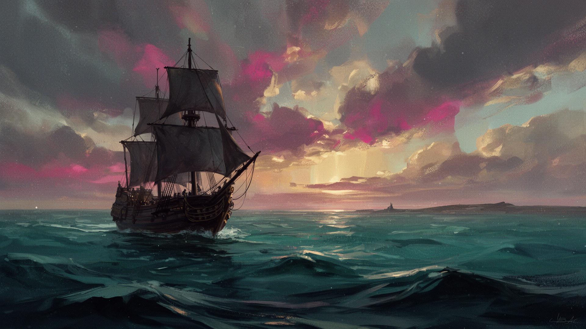 A tall pirate ship under a dramatic dusk sky on a deep teal sea